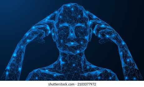 Concentration. The person presents his hands to his temples and focuses on solving the task. A low-poly construction of interconnected lines and dots. Blue background.