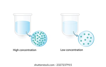 Konzentration, Lösungen. Niedrige und hohe Konzentration. Homogenes lösliches Gemisch. Lösungsmittel, Lösungsmittel und Lösung. Chemie. Bildungsplan. einzeln auf weißem Hintergrund. Vektorgrafik.