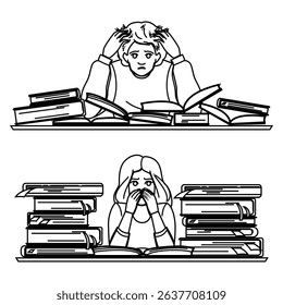 concentration student exam stress vector. procrastination tension, worry nerves, study revision concentration student exam stress character. people black line pencil drawing illustration