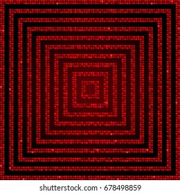 Concentre squares red sequins, mosaic, glitter, sparkle, spangle, dots. Disco party background with shiny paillettes. Bright glitters texture. Sequin in line art style. Light music.