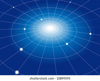 A concentric abstract network of grid lines connects nodes. Abstract background.