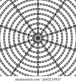 Concentric arc pattern. Radial vector grid. Circular symmetry design. Monochrome abstract form.