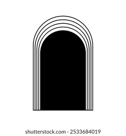 Arco concêntrico em estilo moderno y2k, art deco ou boêmio. Forma geométrica de arco isolada sobre fundo branco. Silhueta de portal, porta, portão ou arco de janela. Ilustração gráfica vetorial.