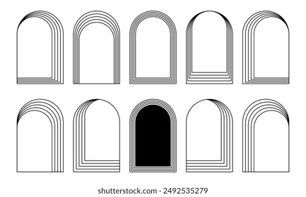 Concentric arch frames isolated on white background. Collection of geometric arc shapes in trendy boho or art deco style. Doors or gates, windows or portals frameworks. Vector graphic illustration.