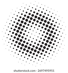 Disposición concéntrica de puntos negros, formando un patrón de semitono circular con diferentes tamaños de puntos sobre un fondo blanco.
