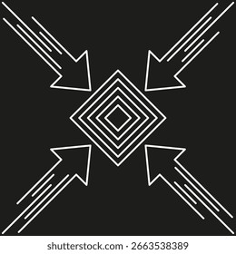 Símbolo de setas concêntricas. Arte geométrica abstrata. Visando o centro Vetor. Ilustração do plano de fundo preto. EPS 10.