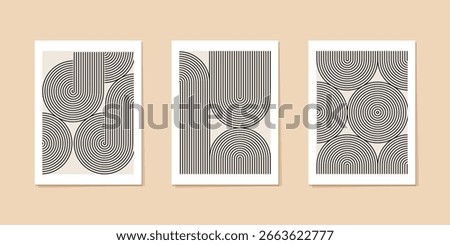 Concentric art deco print, line pattern japanese garden. Circle arch abstract endless line. Undulate music cover, curved shape oval, geometric orient modern decor poster. Retro grid, zen wave rainbow