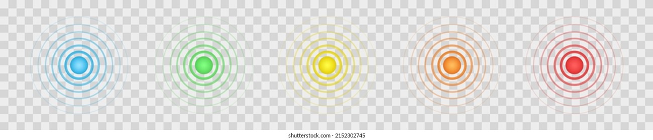 Konzentrierte blaue, grüne, gelbe, orangefarbene und rote Schilder auf transparentem Hintergrund. Zielsymbole. Schmerzen und Heilung, Schmerzen und schmerzende Punkte. Radar-, Ton- oder Sonarwellensymbole. Vektorgrafik