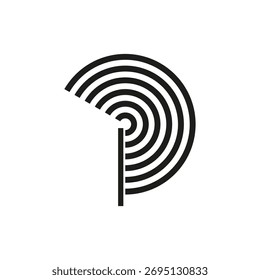 Konzentrische Kreisbögen. Abstrakte radiale Linien. Einfaches geometrisches Symbol Vektor P Buchstabe Form.