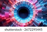 Concentric circle artwork in polar coordinates style with vibrant glowing radial lines. Dynamic radial banner with glowing stripes of motion light for creative projects and modern visual experiments