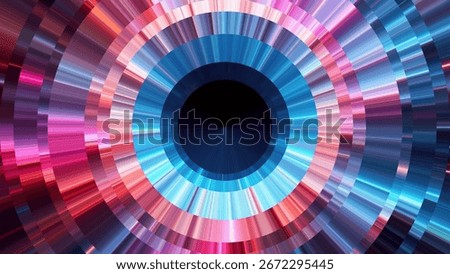 Concentric circle artwork in polar coordinates style with vibrant glowing radial lines. Dynamic radial banner with glowing stripes of motion light for creative projects and modern visual experiments