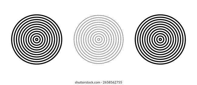 Concentric circle. Circular line pattern. Radial fade wave for sound, swirl, radio and sonar. Abstract concentric graphic icon. Geometric centric effect. Vector.