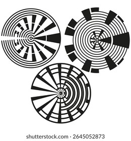 Concentric circle design. Abstract spiral pattern. Vector radial optical. Black white vortex.