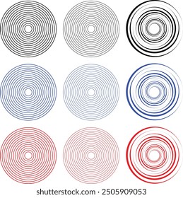Concentric circle design elements. Abstract Geometric circular shapes background. Spiral Vector Illustration. Rotating radial and dotted lines collection. Design geometric.