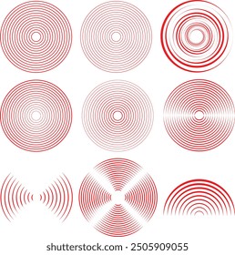 Concentric circle design elements. Abstract Geometric circular shapes background. Spiral Vector Illustration. Rotating radial and dotted lines collection. Design geometric.
