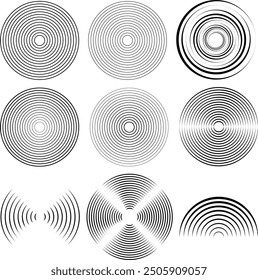 Concentric circle design elements. Abstract Geometric circular shapes background. Spiral Vector Illustration. Rotating radial and dotted lines collection. Design geometric.