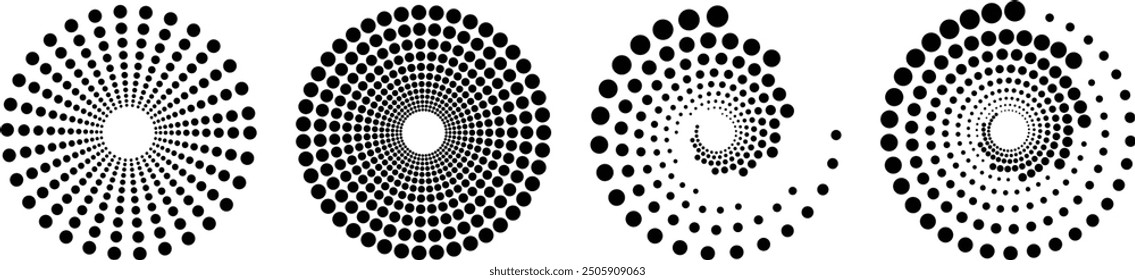 Concentric circle design elements. Abstract Geometric circular shapes background. Spiral Vector Illustration. Rotating radial and dotted lines collection. Design geometric.