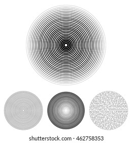 Concentric circle elements. Set of 4 version. Black and white color ring. Vector illustration for sound wave on a white background. 