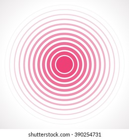 Concentric circle elements. Vector illustration for sound wave. Red and white color ring. Circle spin target. Radio station signal. Center minimal radial ripple line outline abstractionism