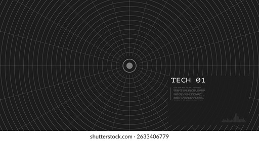 Concentric circle grid with target center on dark background. Futuristic radar tech interface. Digital HUD. Sci fi screen. Spaceship control or VR display.