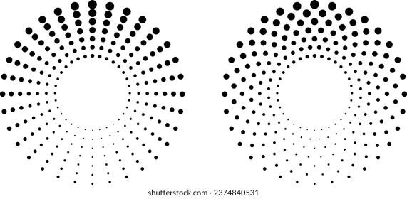 Concentric circle halftone dots. Abstract twisted dot shapes.
