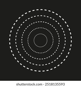 Concentric circle icon. Dashed circular pattern. Geometric black background. Abstract radial design.