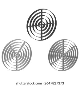 Ícones de círculo concêntrico. Formas vetoriais radiais. Formas espirais abstratas. Simetria branca negra.