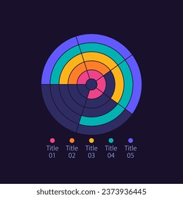 Plantilla de diseño de gráfico infográfico de círculo concéntrico para tema oscuro. Cinco títulos. Gráfico de información de varios niveles editable con división de sectores. Presentación de datos visuales. Multitud de tipos de letra Pro-Bold, con uso regular