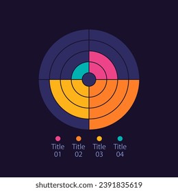 Concentric circle infographic diagram design template for dark theme. Four options. Editable radial infochart with different values. Visual data presentation