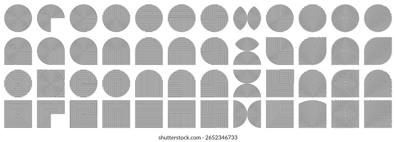 Logotipo de padrão de linha de círculo concêntrico, quadrado art deco abstrato, arco espiral sem fim. Forma de curva undulada, oval de música japonesa, decoração moderna casa de orientação geométrica. Grade de cobertura retrô, arco-íris onda zen