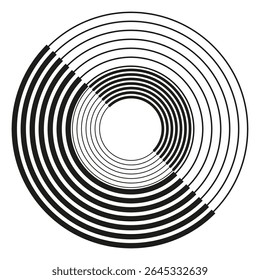 Padrão de círculo concêntrico. Projeto de arte óptica. Forma radial geométrica. Ilustração de ondulação monocromática.