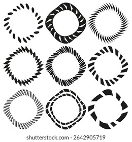 Concentric circle patterns. Abstract vector rings. Spiral line designs. Graphic decorative elements.