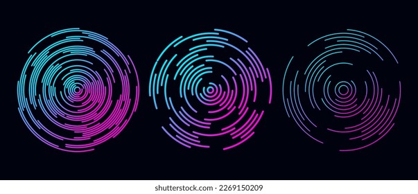 Concentric circle segments set in dark theme. Rippled round patten collection. Blue purple sound wave rings. Epicentre, target, radar icon concept. Radial signal or vibration elements. Vector