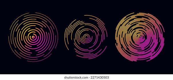 Concentric circle segments set in dark theme. Rippled round patten collection. Yellow pink sound wave rings. Epicenter, target, radar icon concept. Radial signal or vibration elements. Vector