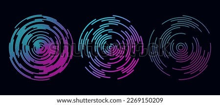 Concentric circle segments set in dark theme. Rippled round patten collection. Blue purple sound wave rings. Epicentre, target, radar icon concept. Radial signal or vibration elements. Vector