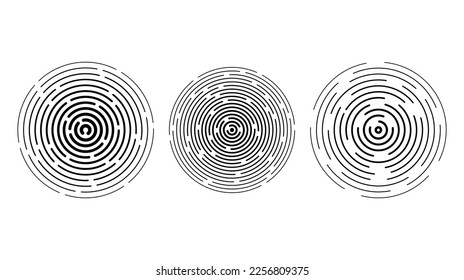 Concentric circle segments set. Rippled round patten background. Sonar or sound wave rings collection. Epicentre, target, radar icon concept. Radial signal or vibration elements. 