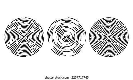 Concentric circle segments set. Rippled round patten background. Sonar or sound wave rings collection. Epicentre, target, radar icon concept. Radial signal or vibration elements. 