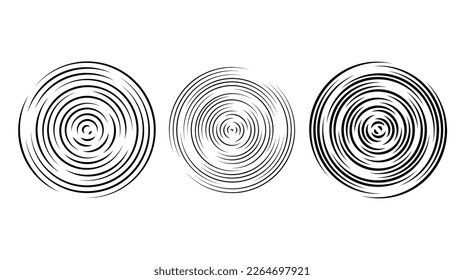 Concentric circle segments set. Rippled round patten background. Water or sound wave rings collection. Epicentre, target, radar icon concept. Radial signal or vibration elements. Vector