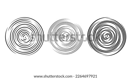 Concentric circle segments set. Rippled round patten background. Water or sound wave rings collection. Epicentre, target, radar icon concept. Radial signal or vibration elements. Vector