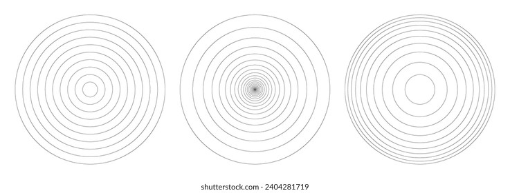 Patrón vectorial de círculo concéntrico. Frecuencia de onda sonora radial o marca del epicentro del terremoto. Ilusión mínima de ruido fuerte o desvanecimiento de ondas sonoras