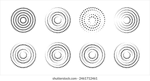 Círculos concéntricos con líneas punteadas rotas aisladas sobre fondo blanco. Iconos circulares de ondulación. Remolino, onda sonora, onda sonora, explosión solar, señales de señal. Ilustración gráfica Vector.