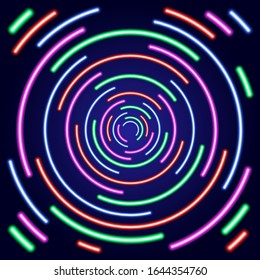 Concentric circles broken from glowing multicolored neon luminescence lines on blue background. Vector illustration.