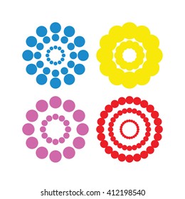 Concentric circles collection on white background, halftone dots, colorful vector illustration