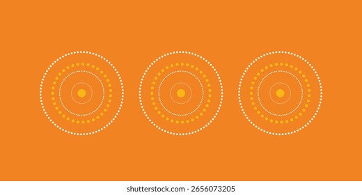 Konzentrische Kreise mit gelben Kugeln und gepunkteten Linien auf lebhaftem orangefarbenem Hintergrund