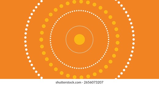 Concentric circles design with yellow spheres and dotted lines on a vibrant orange background