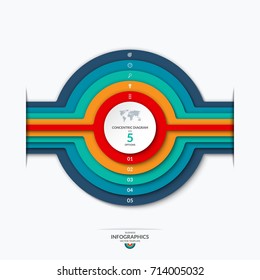 Concentric circles diagram for infographics . Vector banner with 5 options, levels, layers, stages. Can be used for graph, chart, report, data representation, web design