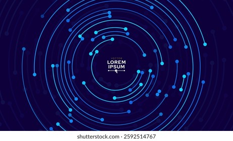 Concentric Circles Digital Tech Circuit Pattern. Technology Background of Circular Lines and Dot Connections. Abstract Circle Big Data Transmission Internet Network. Vector Illustration.