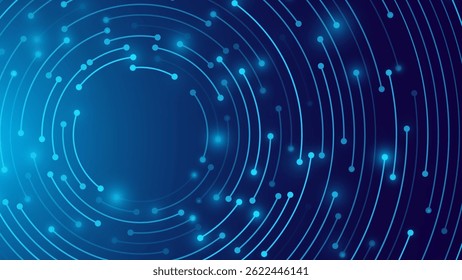 Concentric Circles Digital Tech Circuit Pattern. Technology Background of Circular Lines and Dot Connections. Abstract Circle Big Data Transmission Internet Network. Vector Illustration.
