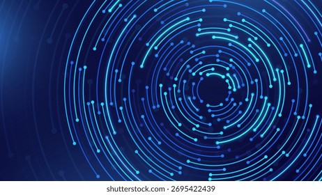Concentric Circles Digital Tech Circuit Pattern. Technology Background of Circular Lines and Dot Connections. Abstract Circle Big Data Transmission Internet Network. Vector Illustration.