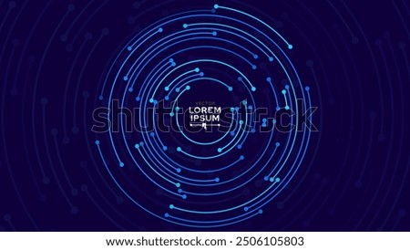 Concentric Circles Digital Tech Circuit Pattern. Technology Background of Circular Lines and Dot Connections. Abstract Circle Big Data Transmission Internet Network. Vector Illustration.